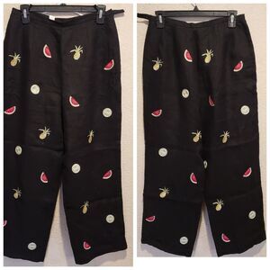 Talbots Crop Pants 8 Women's Irish Linen Black Embroidered Printed Fruit High